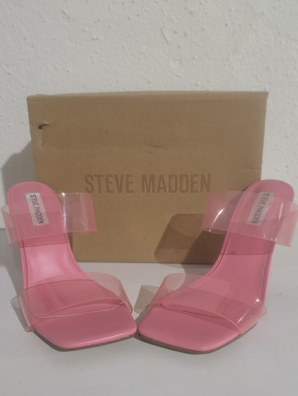 Steve Madden ISA Pink PVC-Strap Square-Toe Mule Heels